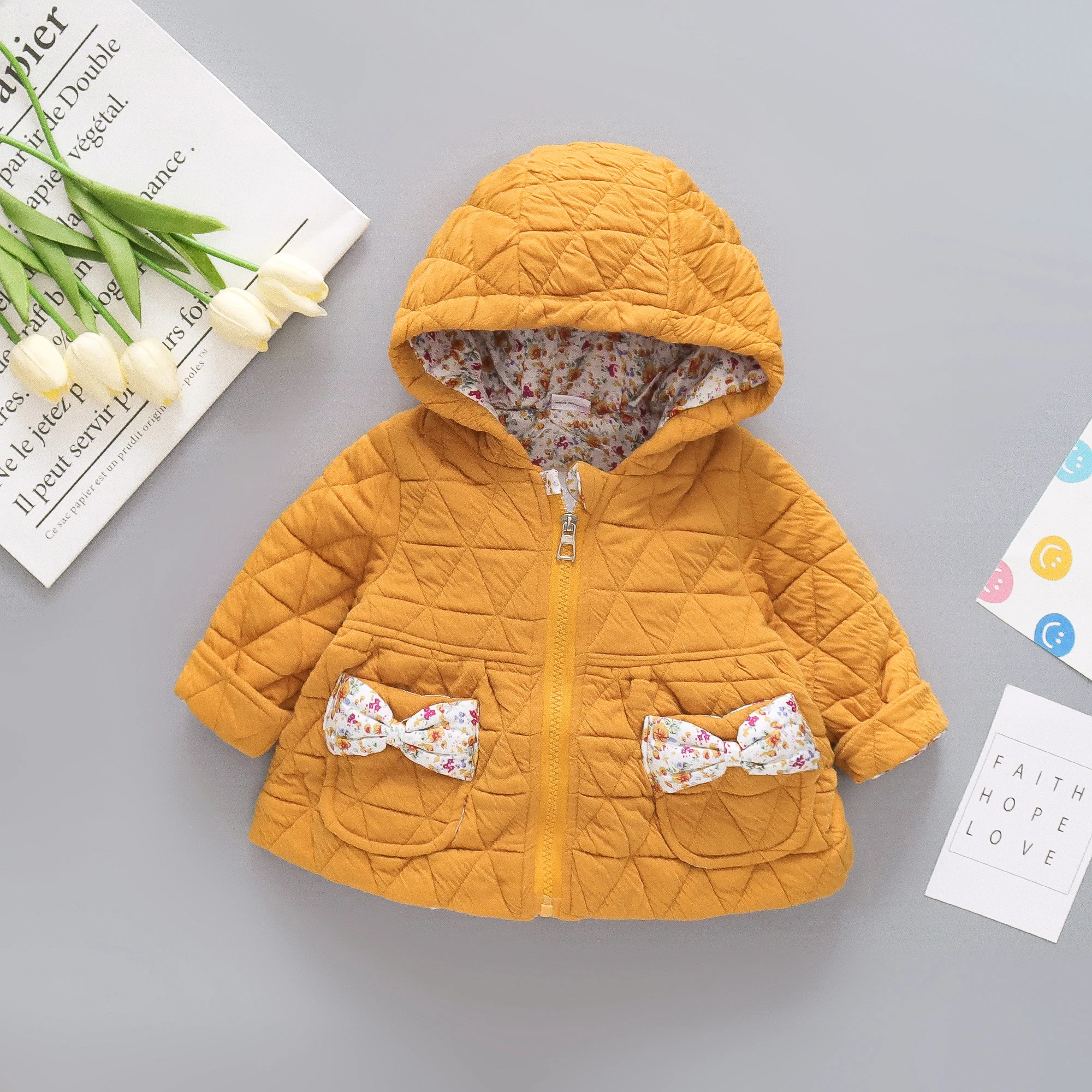 Winter Girls' Cotton Coat Foreign Trade Children's Clothing Checkered Floral Bow Western-Style Hooded Cotton Jacket