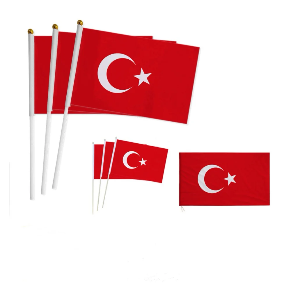 

Turkey flag 14*21cm 100pcs Turkish Hand flag Polyester small hand waving flag 30cm plastic flag pole decorative flag