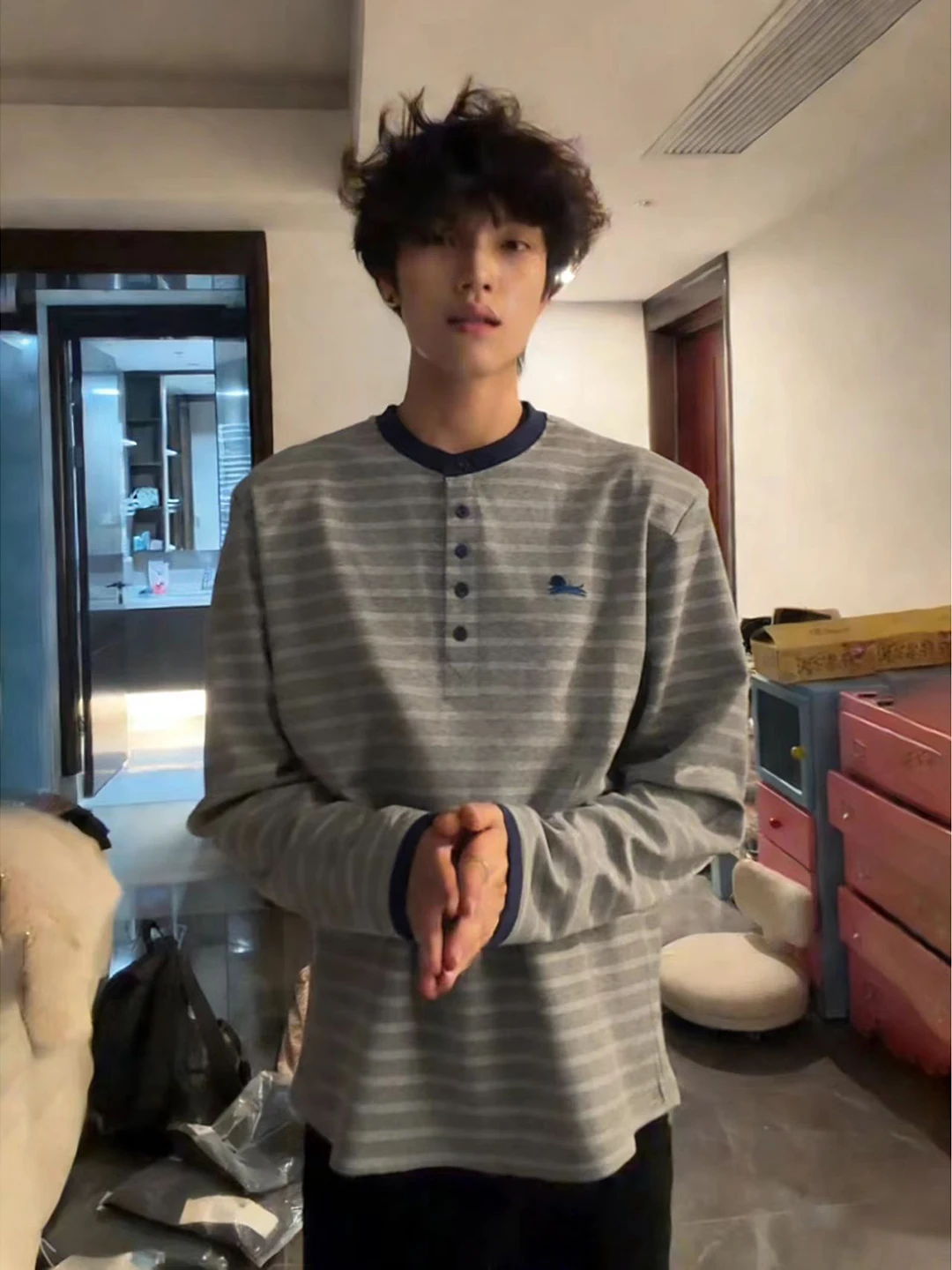 

Spring Cleanfit Long Sve irt for Men Youth Stripe Embroidery Dog Logo American Henry Collar T-irt Breathable Cotton