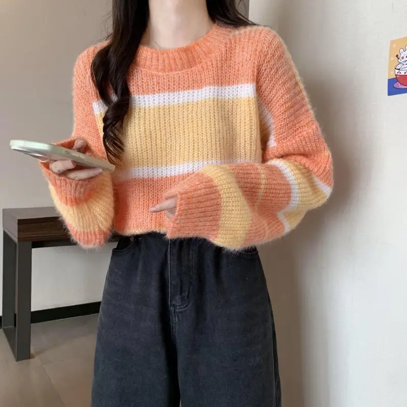 Fashion O-Neck Spliced Casual Striped Sweaters Female Clothing 2024 Autumn Winter New Loose All-match Pullovers Korean Tops