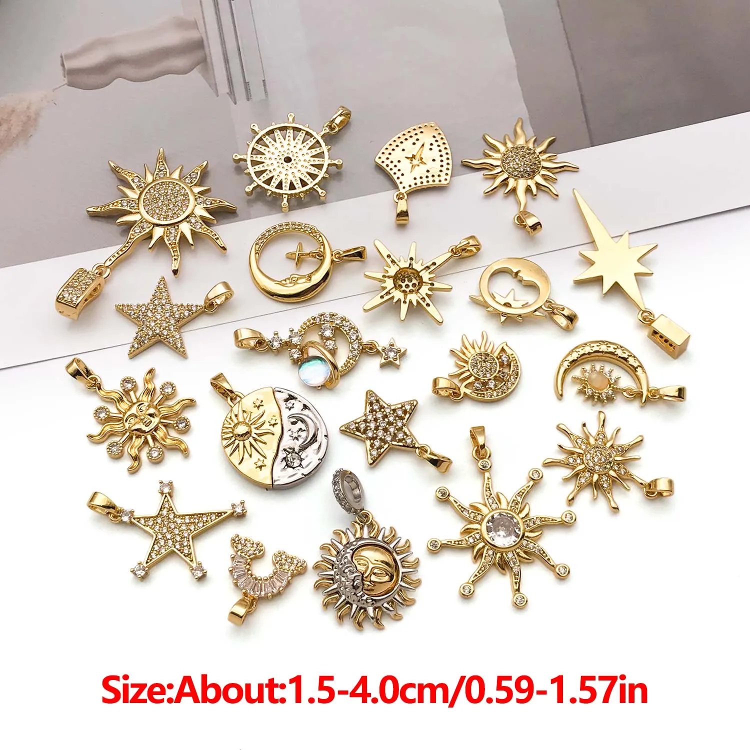 1pc 18K Real Gold Plated Brass Stars, Moon, Sun Charms Inlay Zircon Pendants for DIY Jewelry Making Accessories