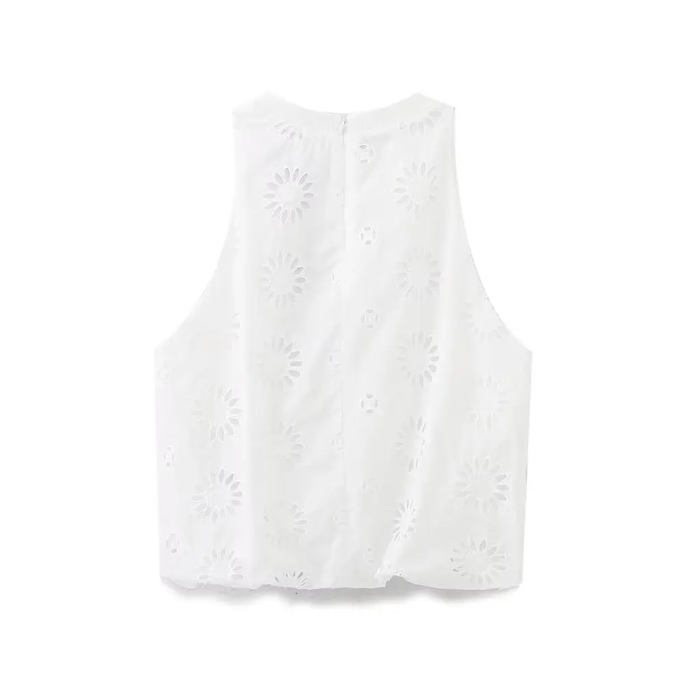 Maxdutti Embroidered French Country Style Hollow High Waist Women Short Sleeveless Shirt Pure Cotton Casual Top