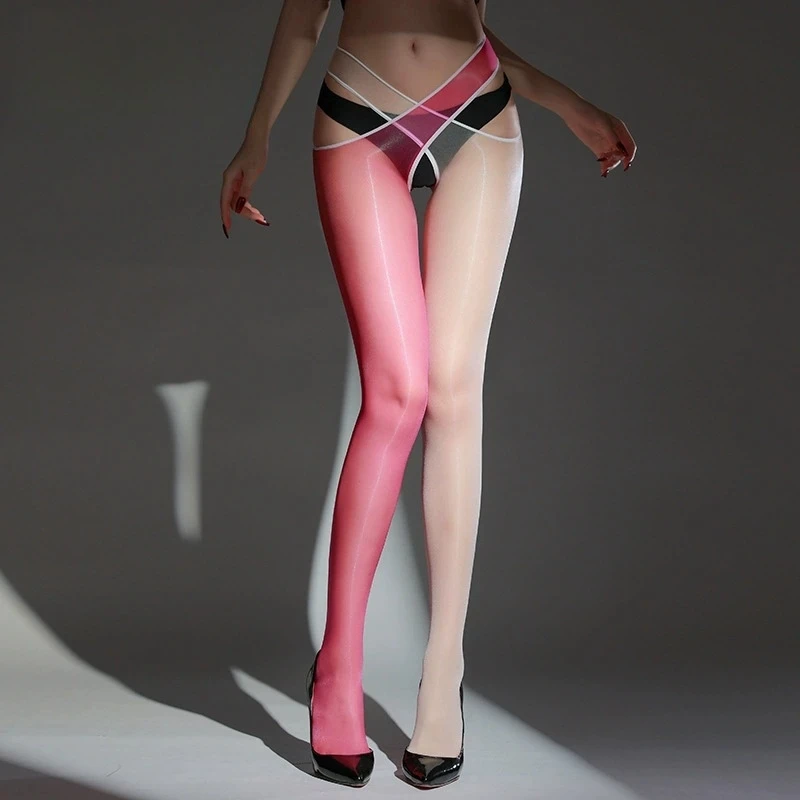 1D Ultra Thin Transparent Cross Thigh High Stockings Women Sexy Oil Shiny Crotchless Pantyhose Hot Pole Dance Clubwear