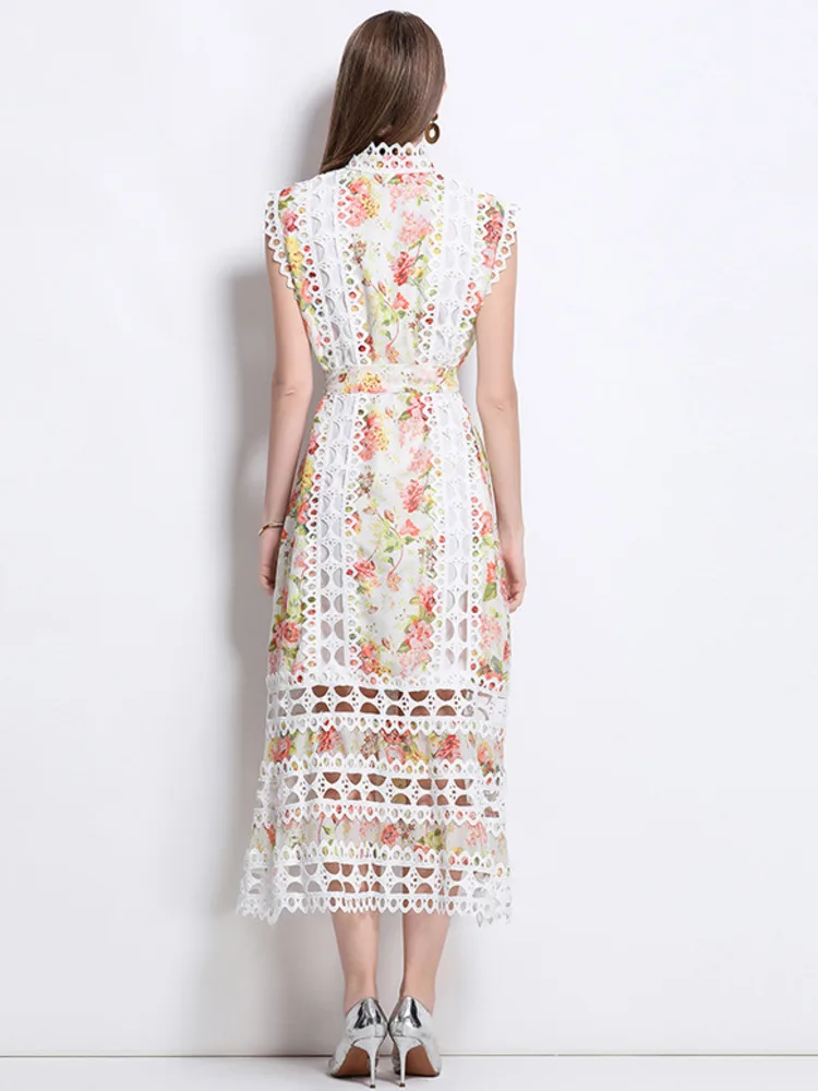 Vestido largo de verano con empalme de encaje calado, vestido largo sin mangas con cuello alto y estampado Floral con cordones y cinturón, Vestidos de fiesta sueltos, vestido largo