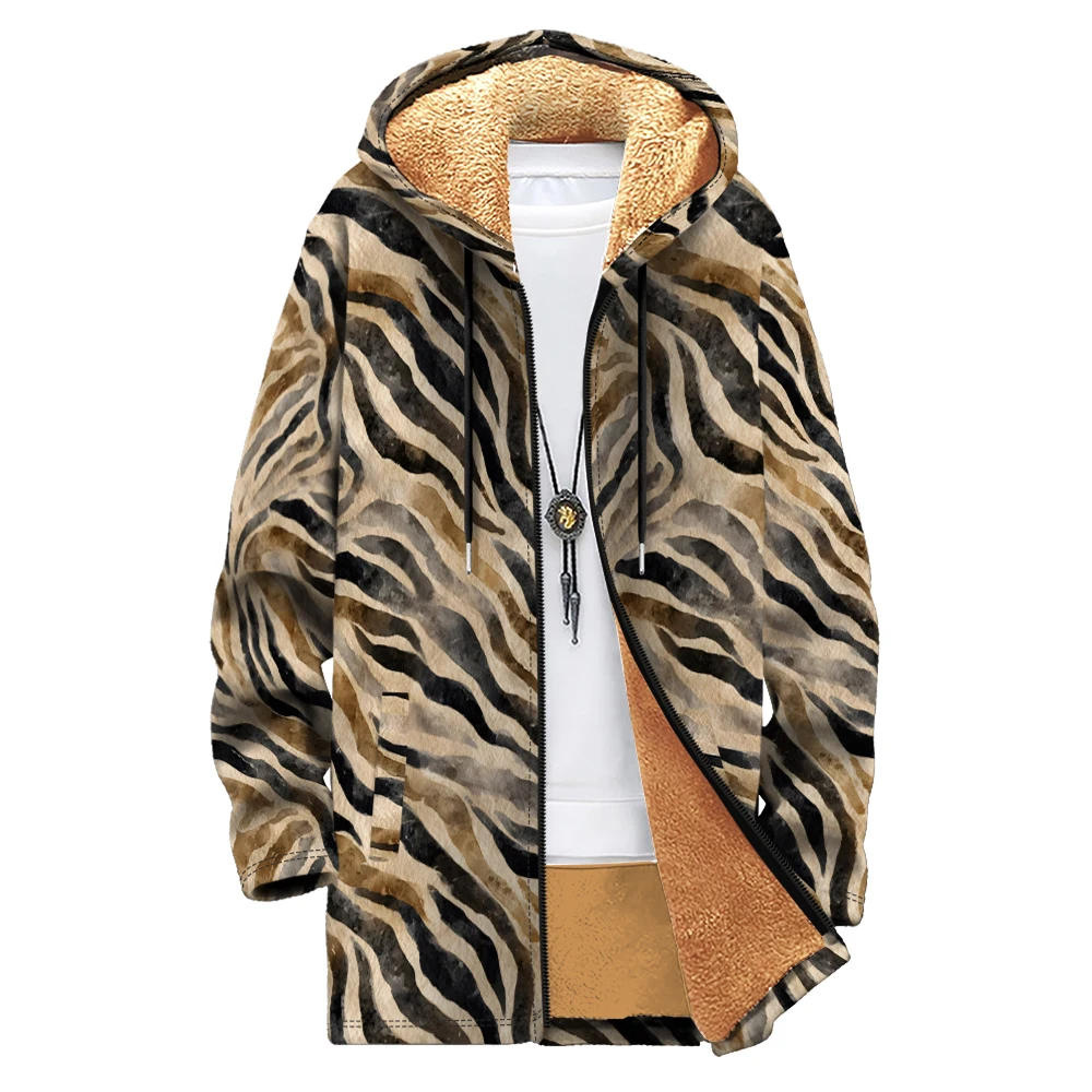 الحيوان الفني زيبرا شريط مطبوعة الرجال سترة معاطف طويلة سترة الصوف أفخم سترة سميكة ملابس خارجية دافئة حجم كبير الملابس #3