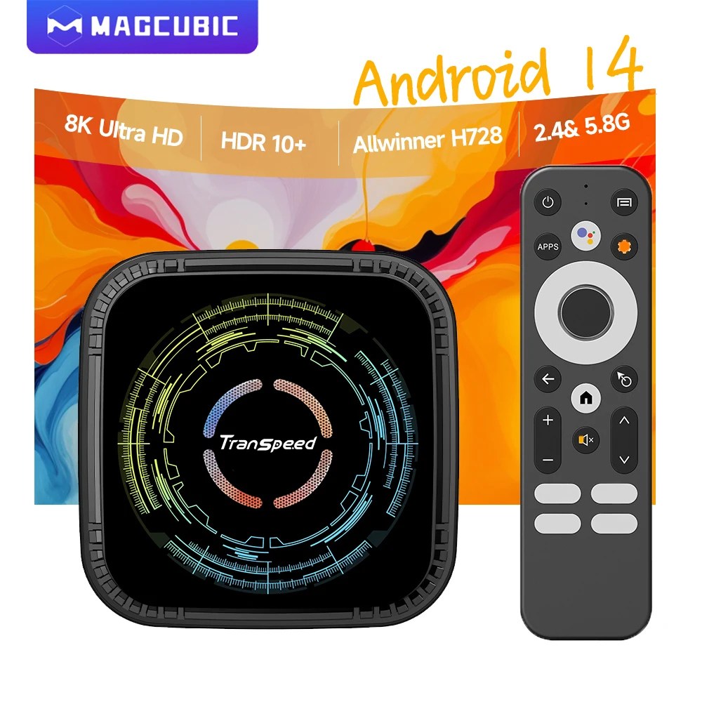 Transpeed Allwinner H728 Android 14 Voice TV Box 8K HDR10+ Dual WiFi6 BT5.0 32GB/64GB ARM Cortex-A55 ثماني النواة 4K Set Top Box