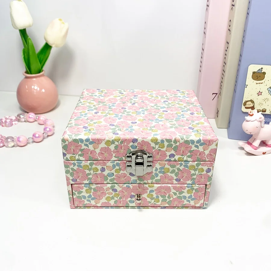 صندوق تشغيل الموسيقى مستطيل بتصميم الأزهار مع مرآة درج وتخزين مجوهرات راقصة الباليه الدوارة للخواتم والقلائد والأساور