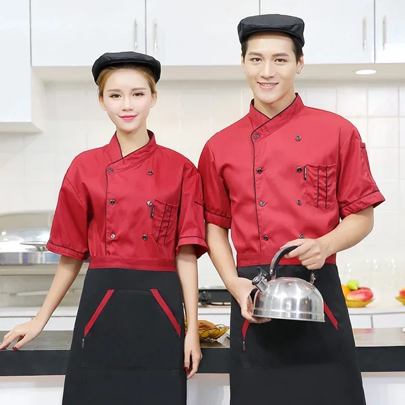 

Chefs uniform Short Sleeve Summer Set Restaurant Hotel Kitchen Workwear Men and Women Youth Breathable Thin Jacket + Hat + Apron