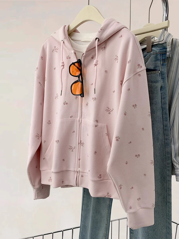 Korean Fashion Sweet Hoodie For Women Autumn New Flowers Print Zip-up Hooded Sweatshirts Lazy Style Loose Casual Tops Coat