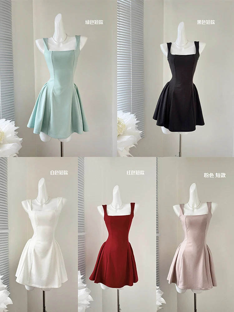 Summer Korean A-line Old Money Dress Women Romantic Mini Frocks Solid Color Ballet Core One-Piece Party French Vintage Prom Gown