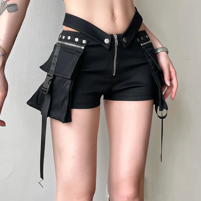

Safari Style Big Pockets Shorts Dark Casual Slim Solid Low-Waisted Shorts Women 2025 Summer Fashion Streetwear Ladies 2025