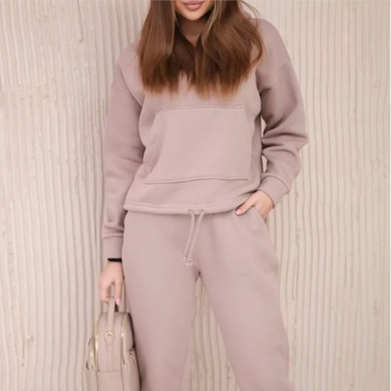 الخريف الشتاء سميكة المرأة مقنعين البلوز الصوف 2 قطعة مجموعة أزياء بسيطة جيب فضفاض الرياضة عارضة قطعتين مجموعة