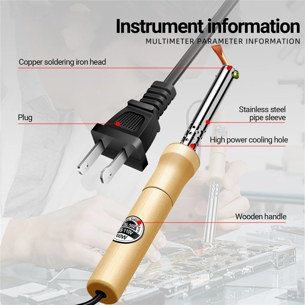 SL502 Electric Soldering Iron Stainless Steel Pipe Sleeve Soldering Iron Weld Copper Tip with Wooden Handle Home Repair Tool