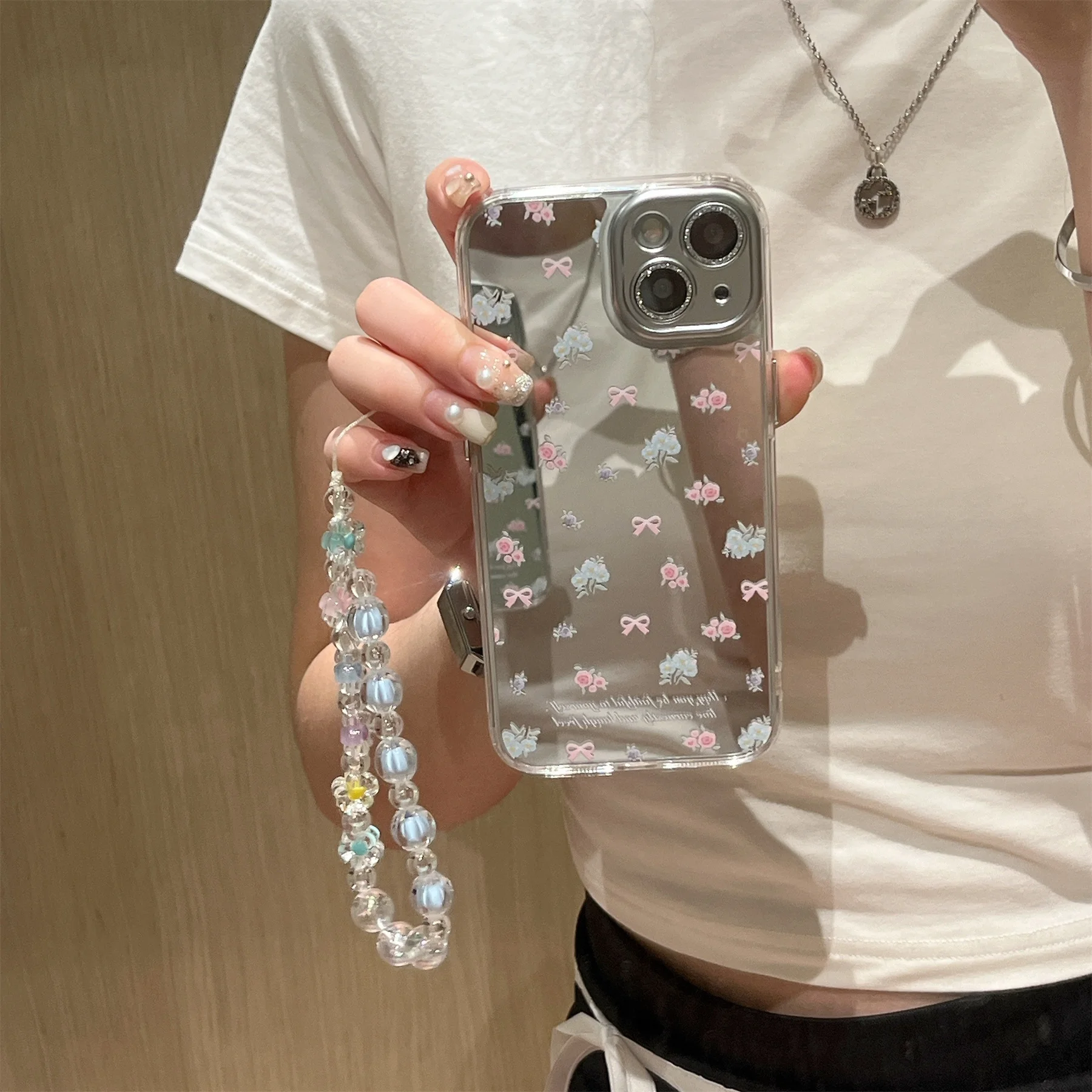 Ins Korean Luxury Mirror Full Screen Bow English Flower Bracelet Case for iPhone 15 14 13 12 11 Pro Max Back Cover For Girl Gift