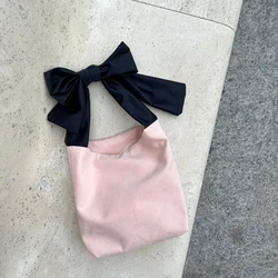 Korean Bow Knot Handbag Casual Travel Storage Pouch Large Capacity Y2k Fashions Canvas Shopping Shoulder Bag Sweet Handbag