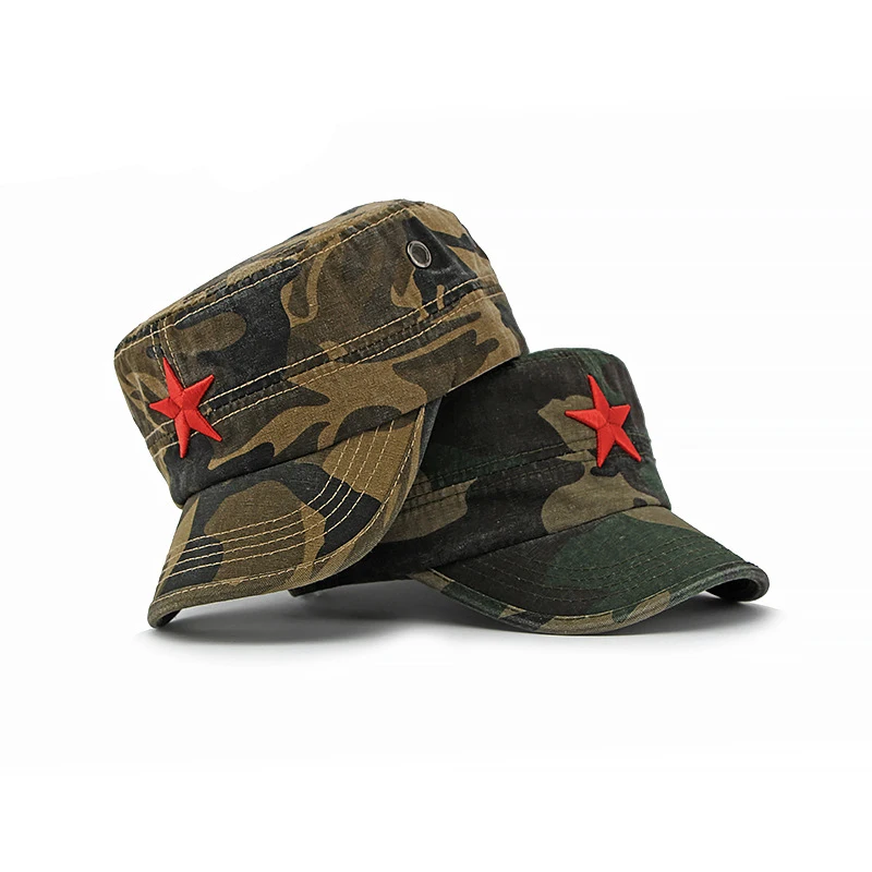 Chapeau de baseball à dessus plat en coton camouflage militaire, broderie étoile rouge 3D, protection solaire, casquette unisexe réglable pour randonnée en plein air et voyage