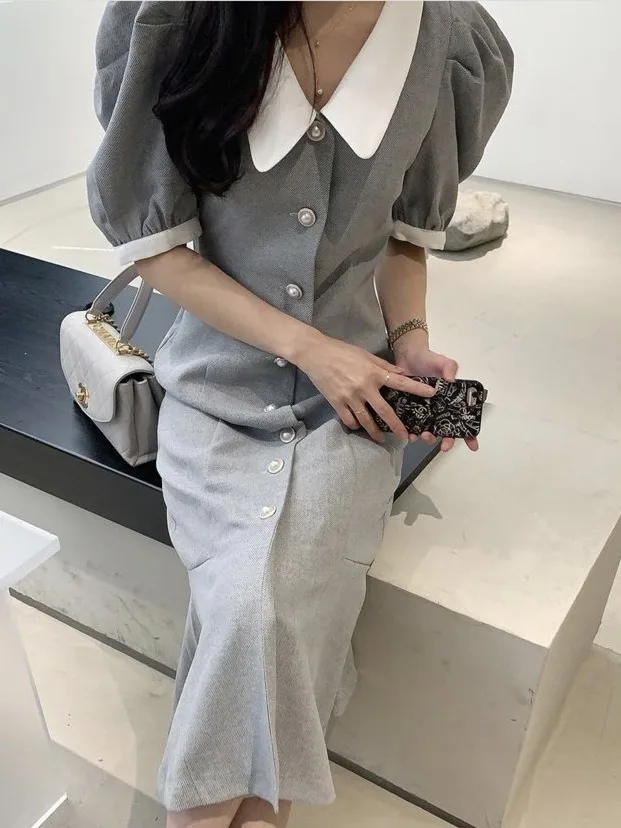 Vestido e de verano con cuello levdo, bloque de Color, ajustado, manga de burbuja, cola de pez, vestido de moda de...