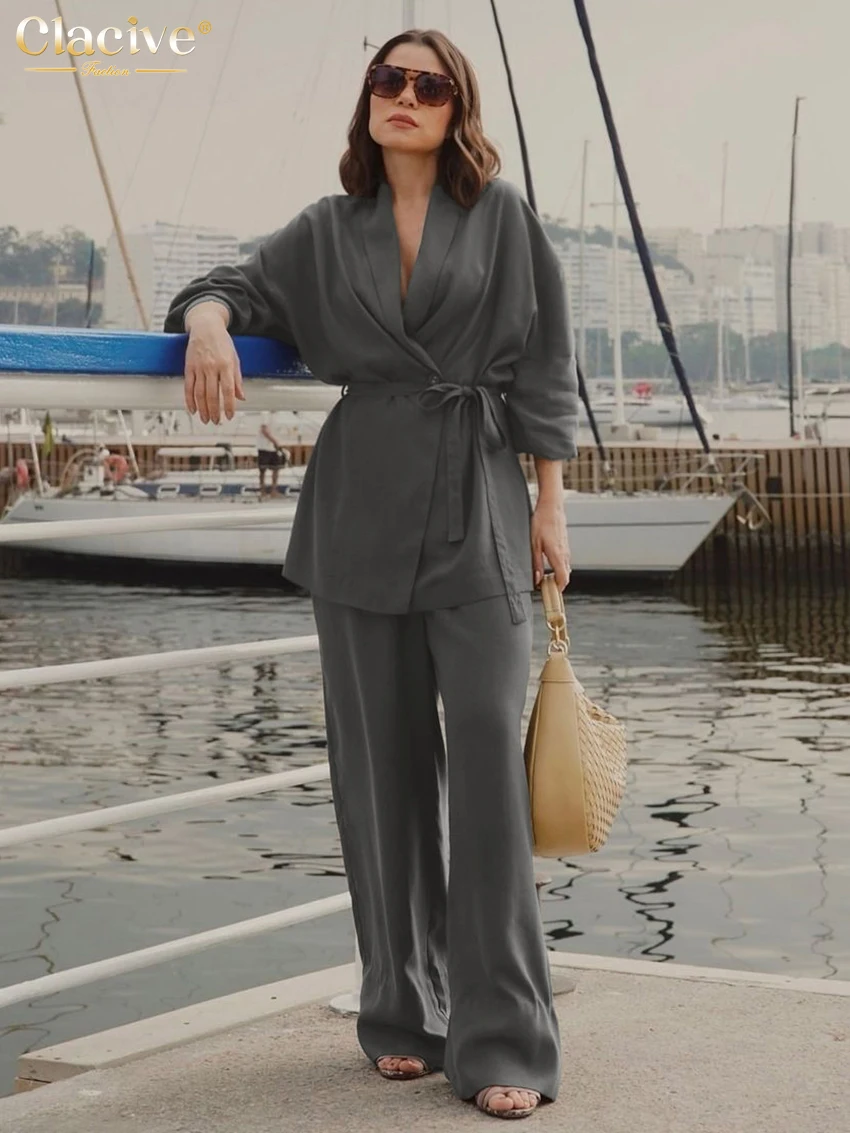 

Clacive Fashion Loose Khaki Cotton 2 Piece Set Women Elegant Long Sleeve Robes With High Waist Wide Pants Set Female Clothing