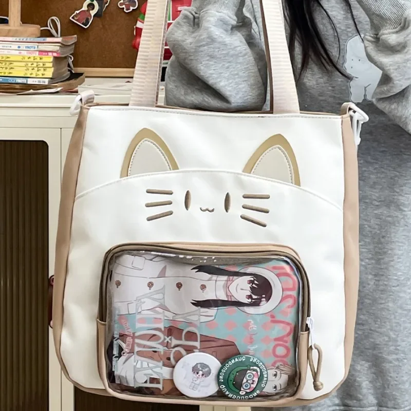 Y2k gato bonito ita bolsa de ombro grande capacidade feminina náilon crossbody saco kawaii menina bolso transparente diy display bolsa casual