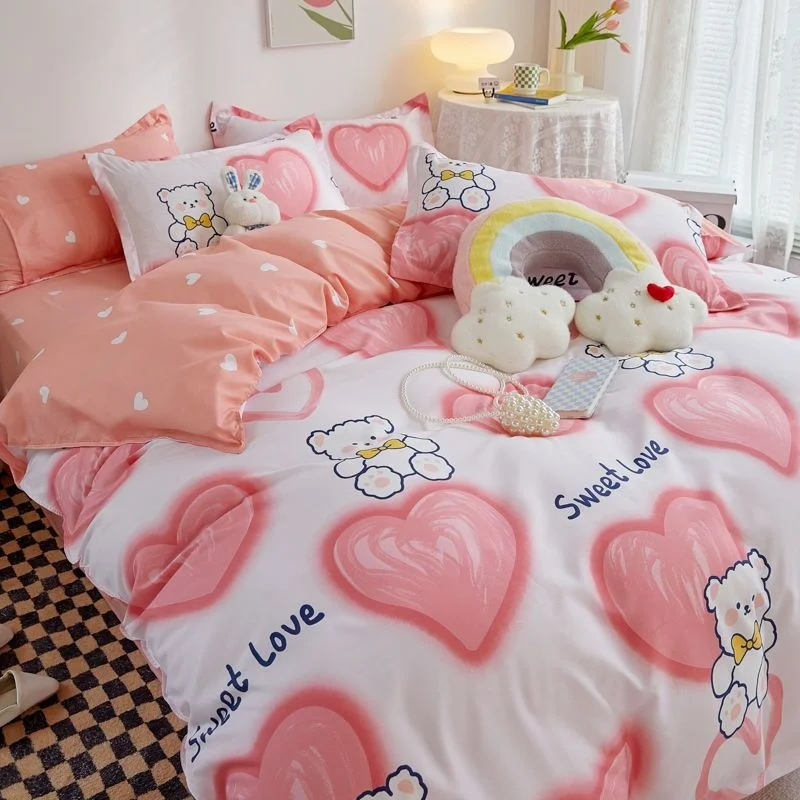 INS Loving Heart Duvet Cover Bed Sheet Pillowcases Twin Full Double Size Bear Bedding Set Decor Home For Kids Girls