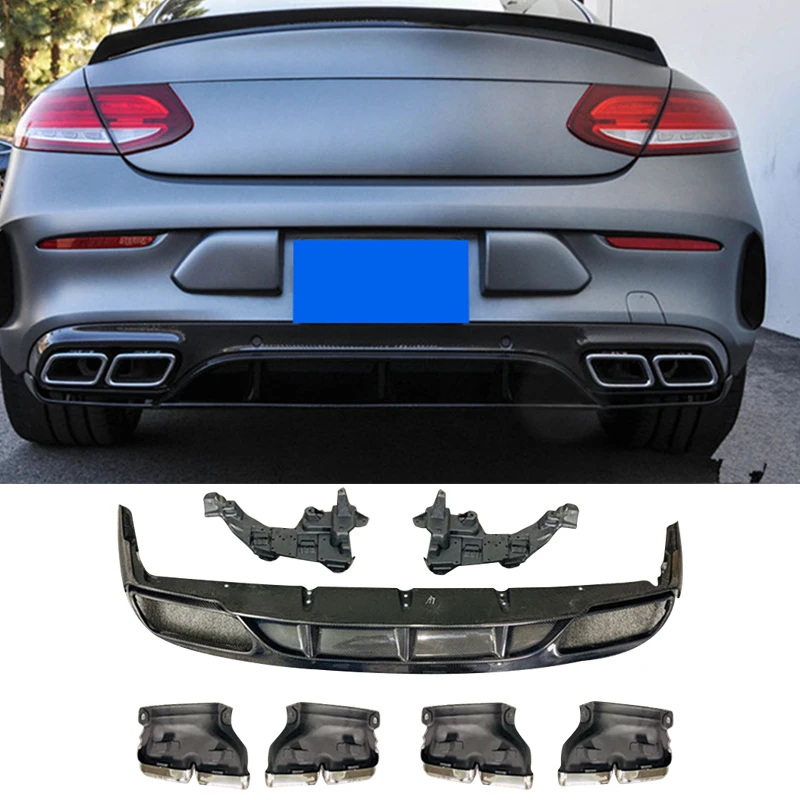 W205 ED1 Style Carbon Fibre Fiber Body Kit Rear Diffuser Lip Fit For Mercedes Benz C Class W205 Coupe 2-Door 2015-2021 with Pipe