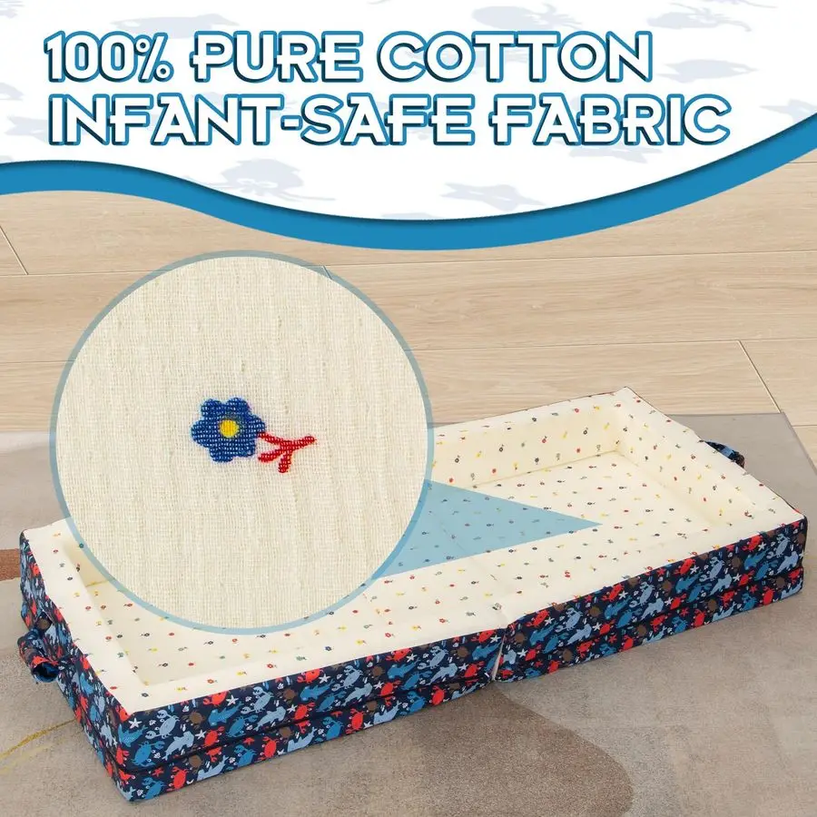 سرير سفر محمول قابل للطي للأطفال الصغار مبطن بالقطن، سرير أرضي من الإسفنج الناعم مع غطاء قابل للغسل، سرير أطفال آمن ومريح، O