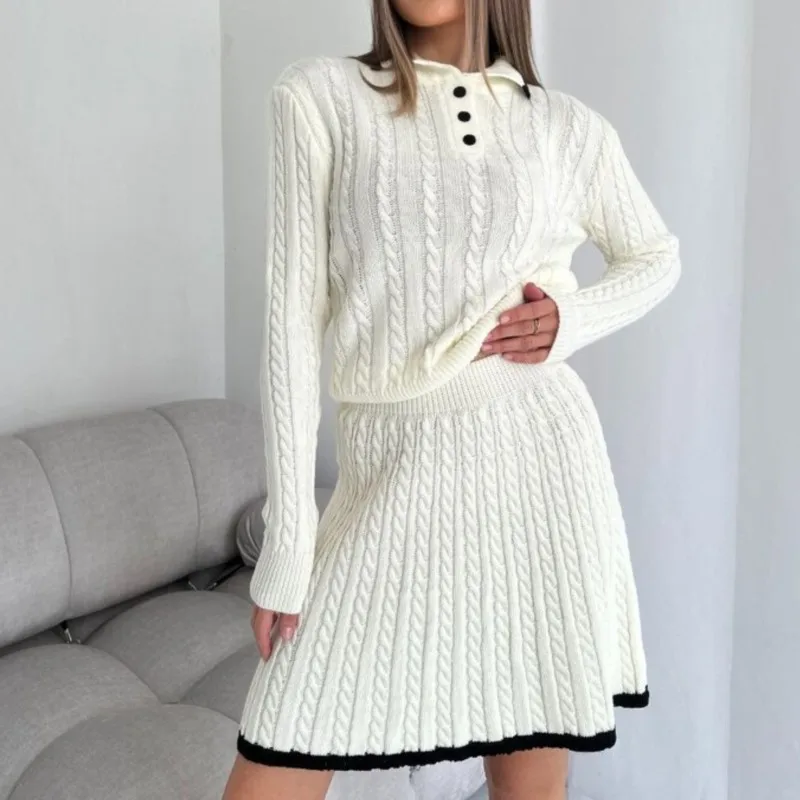 

Ladies Short Skirt for Casual Black White Sweaters Skirts 2025 Autumn Women's Solid Color Knit Set Button Knit Sweater