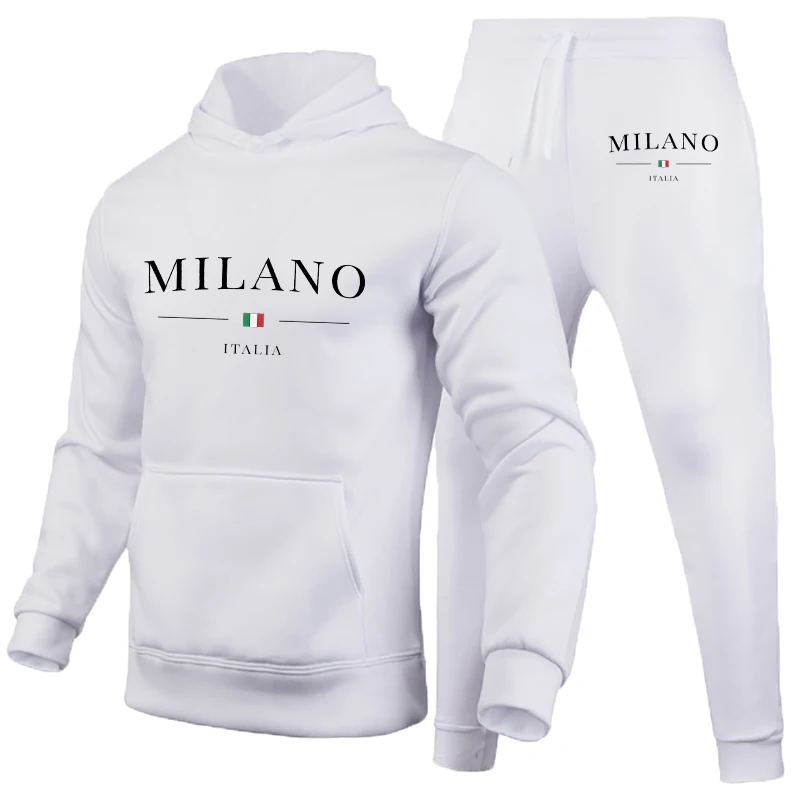 Men\'s Luxury Hoodie Set Milano Print Sweatshirt Sweatpant for Male Hooded Tops Jogging Trousers Suit Casual Streetwear Tracksuit