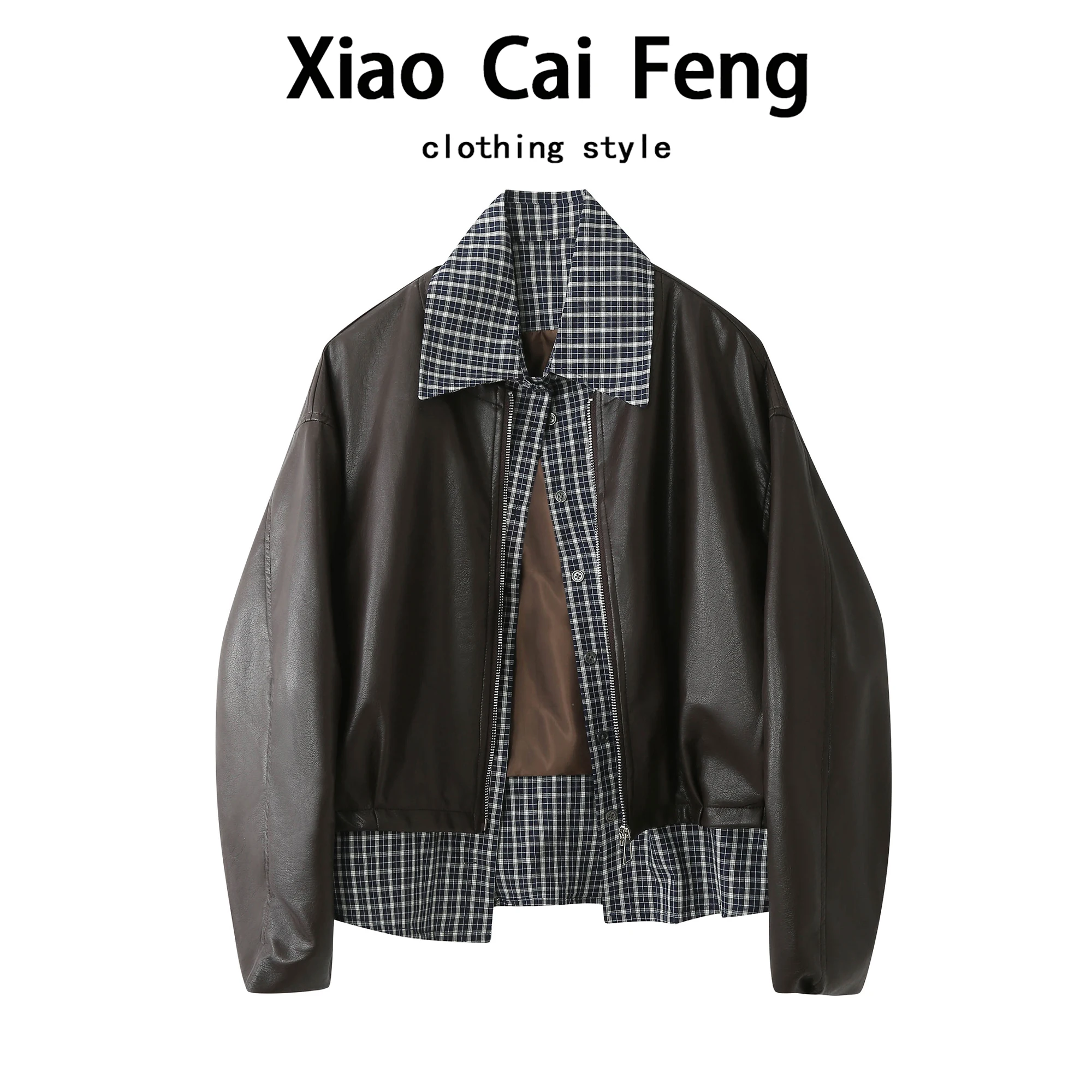 Jaqueta de Couro com Gola  Estilosa e Detalhes em Xadrez para Mulheres, Casual e Versátil para Primavera e Outono
