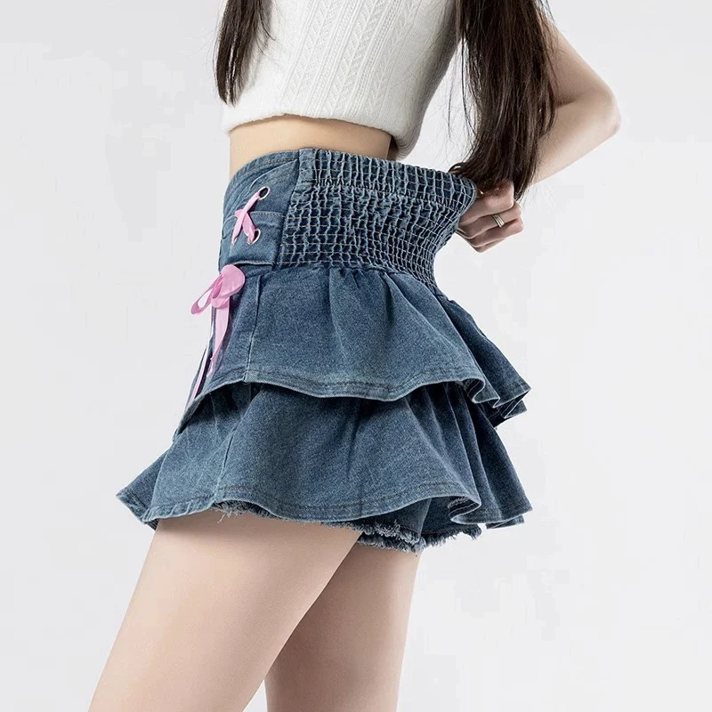 Deeptown Denim Mini Skirt Women Ruffle Vintage Sweet Kawaii Bow Coquette Skirt Summer Cutecore Blue A-line Retro Short Skirts