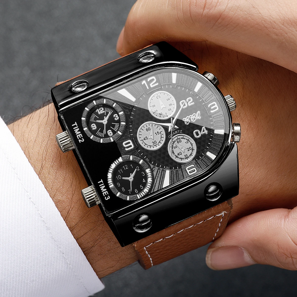 Luxury Decorative Five-eyes Dial Men's Quartz Watch Fashion Square Leather Strap Men Sports Watches Reloj Hombre (Without Box) - view 5
