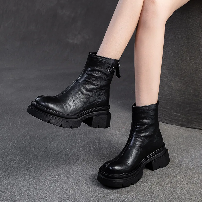 

High Quality Beau Flat Chelsea Ankle Boots for Women Genuine Cow Leather Elastic Strap Spring Autumn Ladies Shoes Handmade