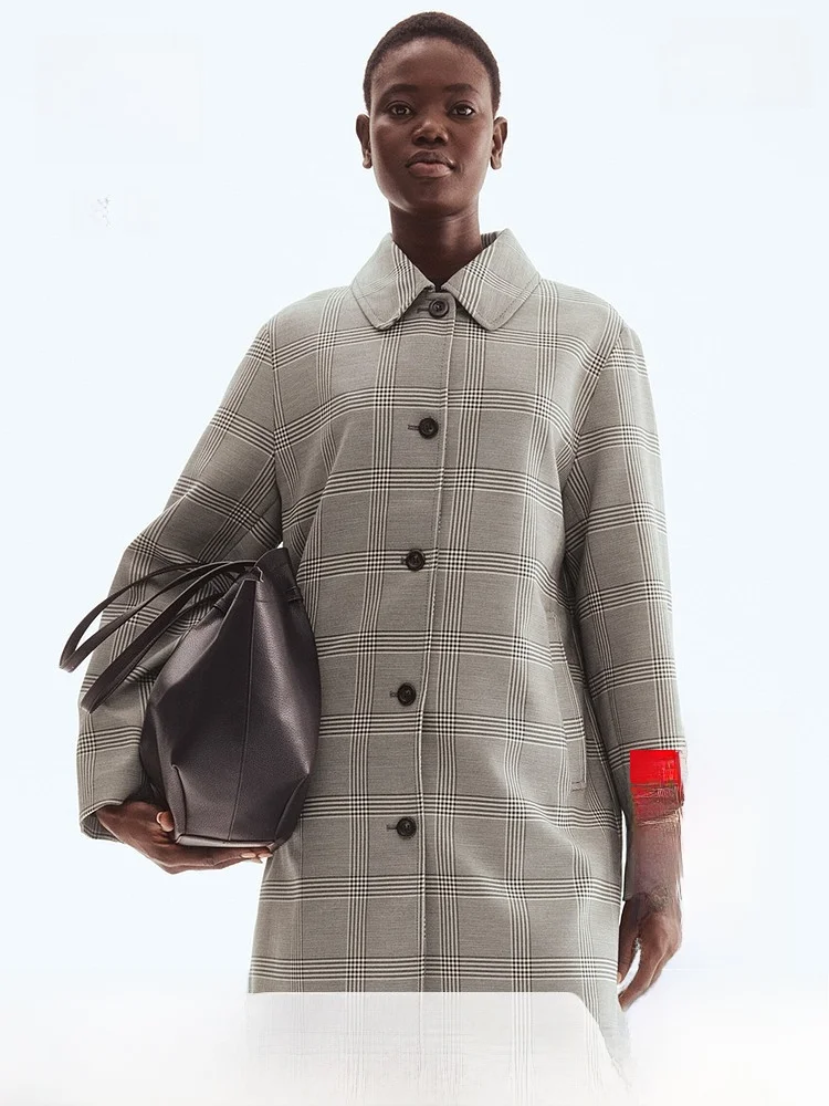 

H&M Women's ort Outerwear Winter Elegance Turn-down Collar Lightweight Single Button Coat Straight Tube pe Autumn Faion