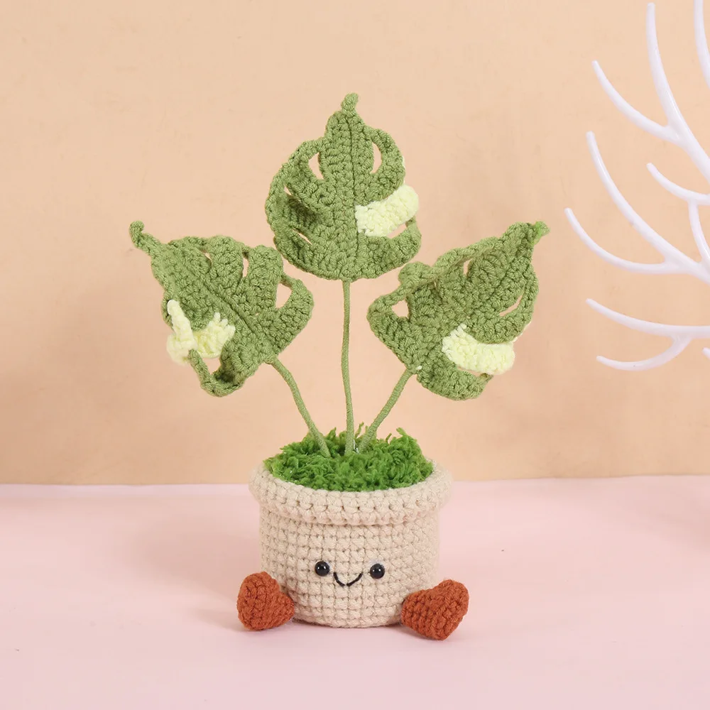 Niedliche gehäkelte Monstera im Topf, handgemachte Topfpflanze, gestrickte Blattpflanze, Mini-Schreibtisch-Bücherregal-Deko, liebenswertes Geschenk – Detail 5
