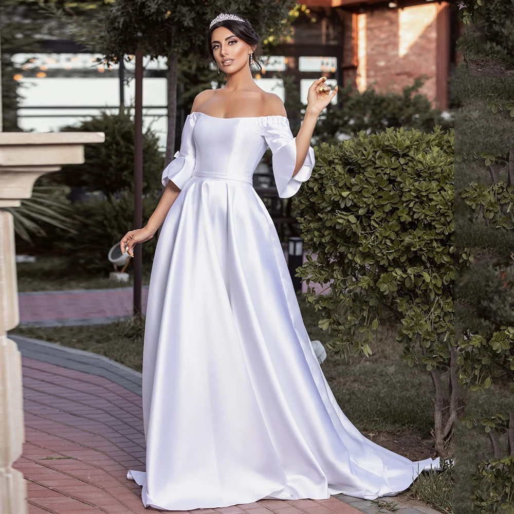 

White Satin Wedding Dress For Bride A Line Wedding Gowns Off The Shoulder Half Sleeves Lace Up Bridal Dress WIth Train