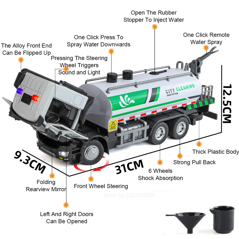 1:32 Lega di Saneamento Urbano Camion Sprinkler Modello di Auto Giocattoli Diecast Suono Luce Tirare Indietro Porte Aperte Veicolo per il Regalo dei bambini