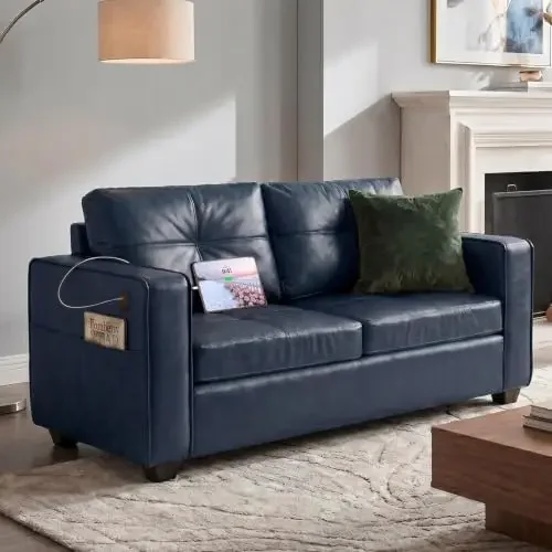 65'' Blue Faux Leather Loveseat with USB, 2-Seater Sofa | Mid-Century Modern, Tufted Design, Wide Arms, Comfy Seating