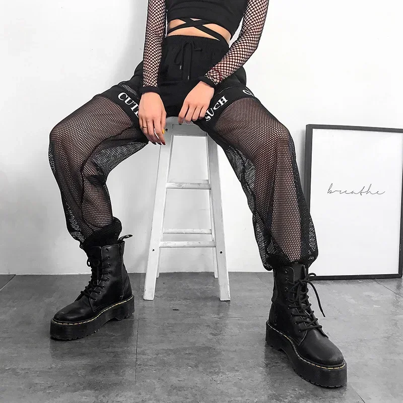 2023 Sweatpants Trousers Women's Sports High-waisted Trousers Fishnet Streetwear Loose Patchwork Letter Cutout Mesh Pants Bottom