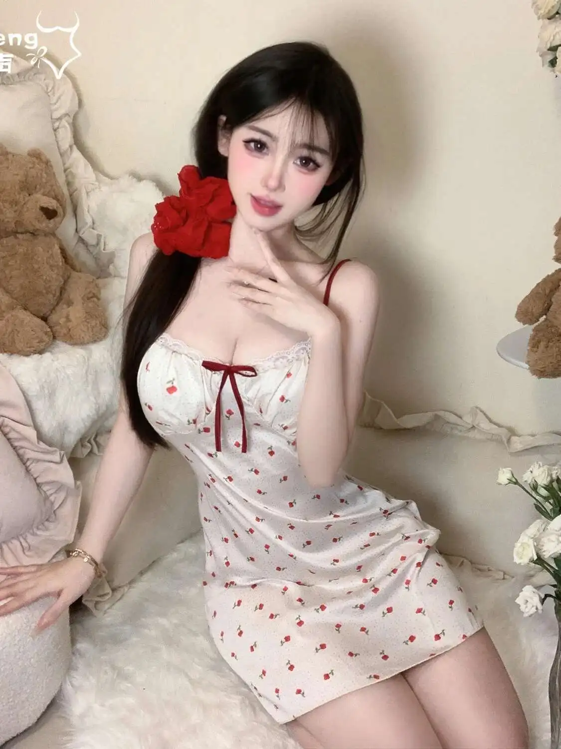 夏のセクシーなスリーピングベルト胸クッションタンクミニドレスドットレース薄型睡眠韓国甘い弓花ドレスエレガント MHD9