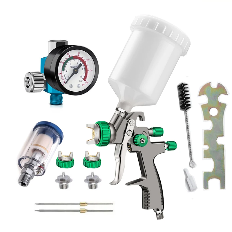 Professional LVLP Car Spray Gun Set with 1.3mm, 1.5mm, 1.7mm Tips, Pressure Gauge, and Oil-Water Separator