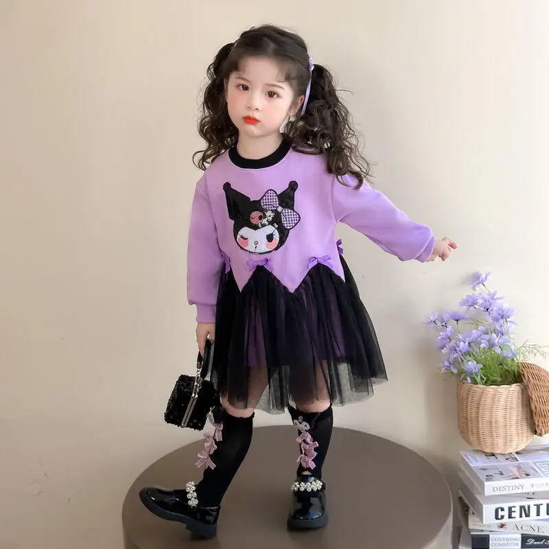 

Горячее платье с длинными рукавами из мультфильма Kuromi для девочек Sanrio, детский свитшот, юбка из пряжи, кавайная модная универсальная весенне-осенняя одежда, новинка