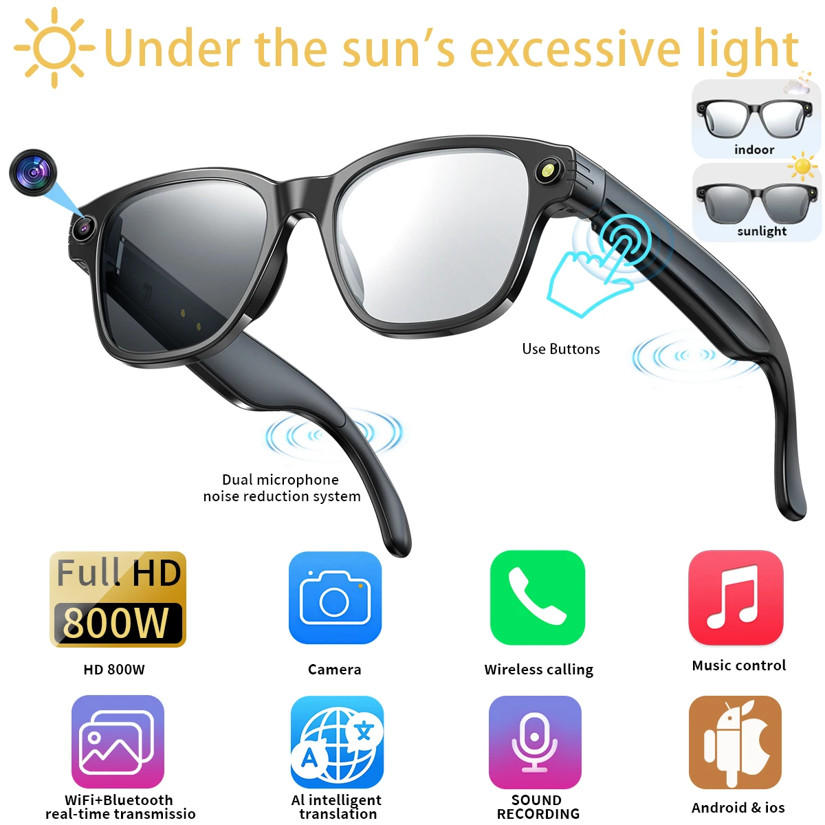 

Новые фотохромные линзы 800 Вт HD камера умные очки Bluetooth очки для записи видео ENC шумоподавление очки AI солнцезащитные очки