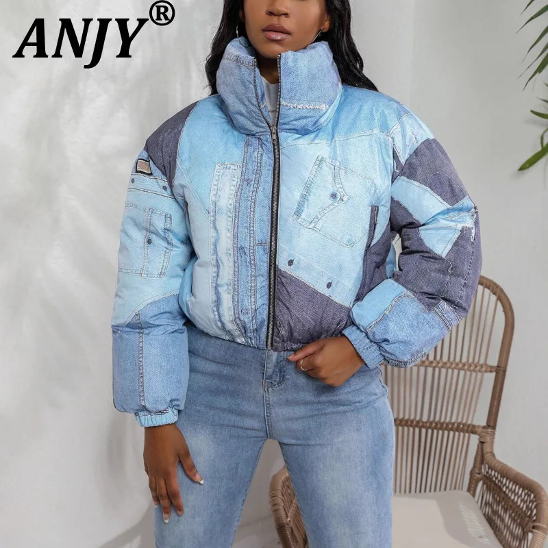 

ANJY осень-зима новая женская мода джинсовый принт утепленное стеганое пальто американский уличный тренд повседневная универсальная куртка A15004