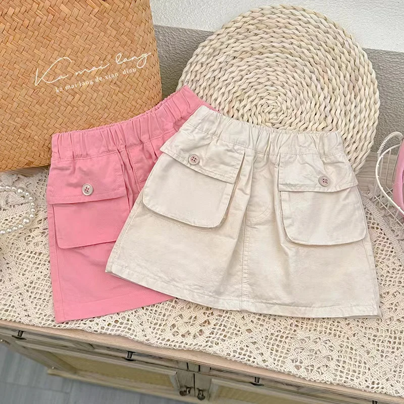 

Girls' Cargo Skirt 2024 Summer New Baby Girls Style Simple Pocket Skirt Fashion Cotton Skirt Tide