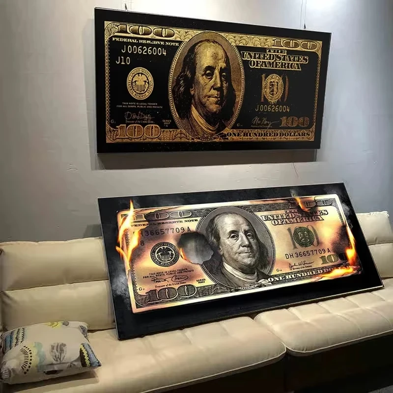 Cuadros de Lienzo con Diseño de Billetes de Cien Dólares, Pinturas Modernas Abstractas de Graffiti, Póster de Dinero para Decoración de Pared de Sala de Estar