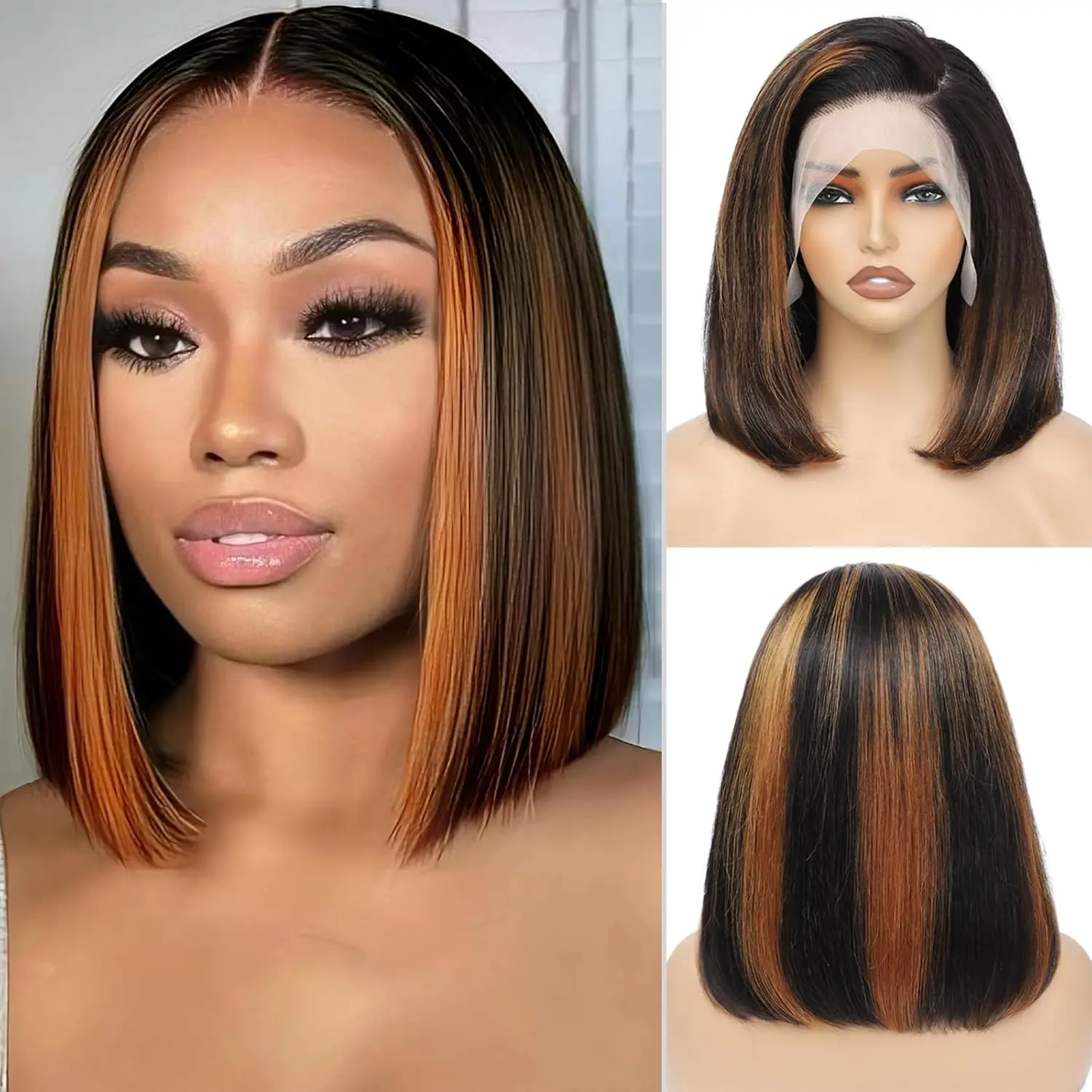 

13X4 Straight Bob Wigs Human Hair Lace Frontal Wig 180% Density Ombre Highlight Brazilian Wigs For Women On Sale 10-16Inch