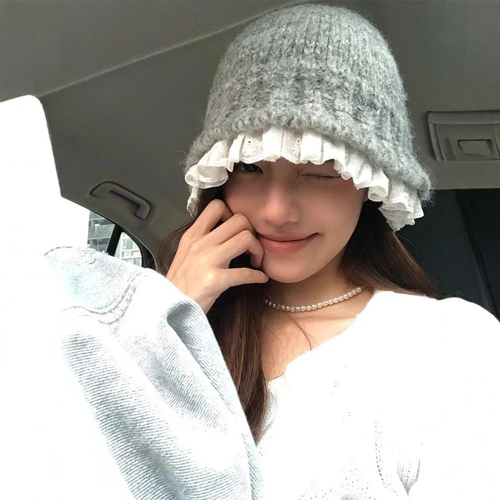 

Retro Lace Trim Knitted Fisherman Hat Yarn Solid Color Women Bucket Hat Korean Style Large Head Circumference Beanie Hat Outdoor