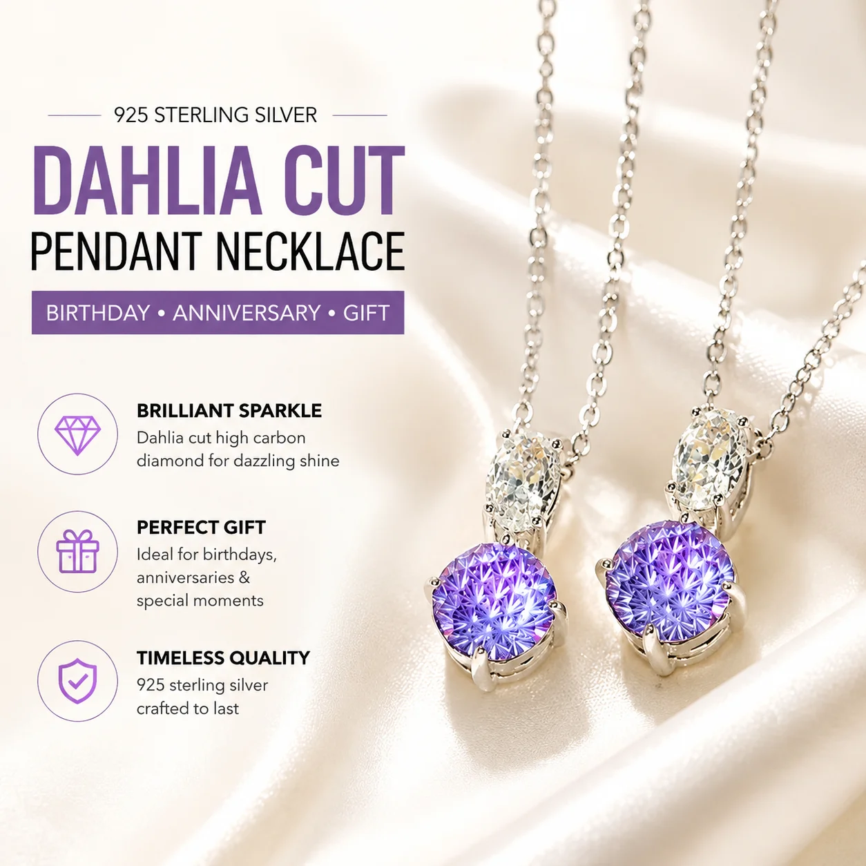 925 Sterling Silver Dahlia Cut High Carbon Diamond Pendant Necklace Birthday Anniversary Gift