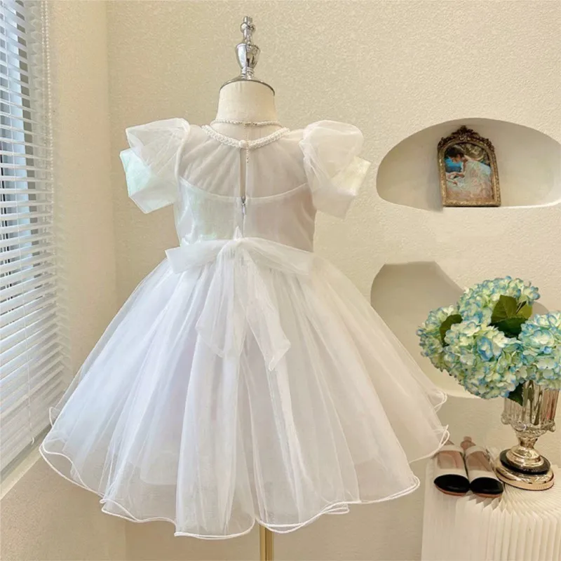 Baby Girl Princess Pearl NeckTutu Dress Puff Sleeve Infant Toddler Vestido Party Pageant Birthday Wedding Baby Clothes 1-12Y