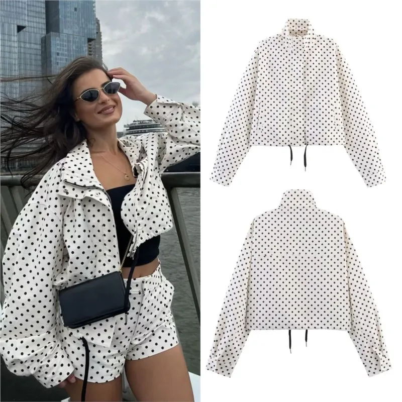 

Куртка и шорты с воротником-стойкой и длинными рукавами в горошек, осень 2022, женский повседневный комплект из двух предметов в корейском стиле в стиле ретро